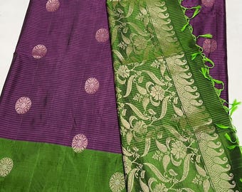 Handloom Pure Silk Kanchipuram Saree with Running Contrast Unstitched Blouse