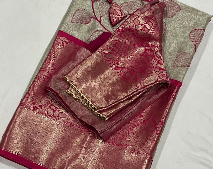 Exquisite Tissue Silk Saree with Floral Embroidery Paired With Blouse size 34-44 size