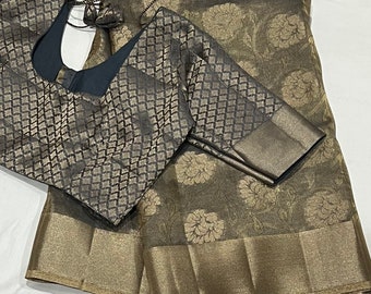 Floral Weaving Silk Saree with Kanchi Border & Ready To Wear Blouse (Size 34-42)