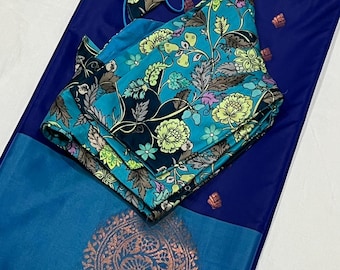 Elegant Handloom Soft Silk Saree with Kalamkari Blouse 34-42 size.