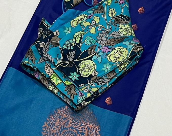 Elegant Handloom Soft Silk Saree with Kalamkari Blouse 34-42 size.