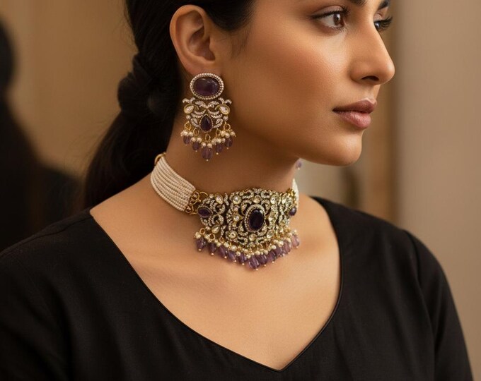 Pearl & Purple Bead Victorian Choker with Earrings