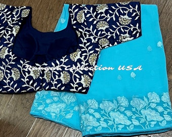Blue Georgette Embroidery Saree with Navy Blouse