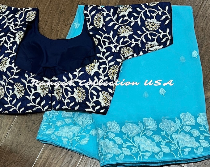 Blue Pure Georgette Embroidery Saree with Embroidery Navy Blue Blouse