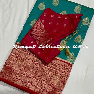 Pure Silk Benarus Kanchivaram Style Border Saree with stitched blouse - Silkmark Certified