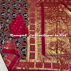 Navy & Pink Patola Print Saree: Gold Foil Semi Silk with Blouse