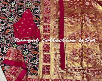Navy & Pink Patola Print Saree: Gold Foil Semi Silk with Blouse