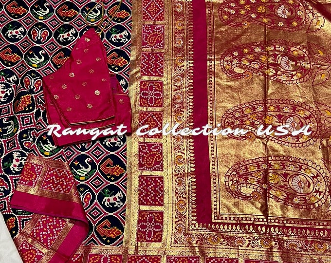 Navy Blue And Pink Combination Patola Printed  Semi Silk Gold Foil Printed saree with blouse