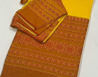 Elegant Handloom Khadi Cotton Saree with Adjustable Stitched Blouse (Sizes 34-42) - Ships from Texas