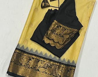Gadwal Soft Silk Saree: Lightweight Weaving Kanchi Border, Contrast Blouse