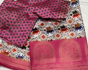 Patola Printed Silk Saree with Stitched Blouse (Fits 36-42)