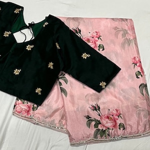 Beutiful Pink  printed silk Saree with Green blouse 34-42 inches.
