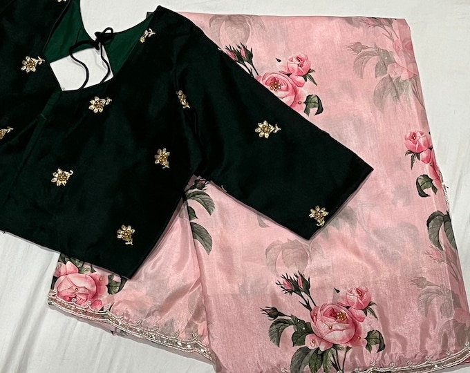 Beutiful Pink  printed silk Saree with Green blouse 34-42 inches.