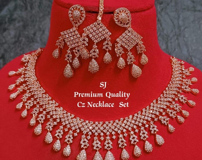 Elegant Diamond-Cut Tear Drop Rosegold CZ Necklace Set with Green Stone and matching Earrings, Tikka / Diamond Replica