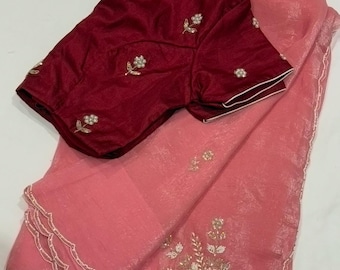 Embroidered Jimmy Choo Silk Saree: Adjustable Blouse (Fits 36-42)