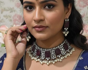 Maroon Choker Set: Pearl Drop Earrings and Tikka - 4 Piece
