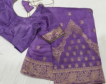 Lavender Munga Benarasi Georgette Saree - Blouse Size 38-44