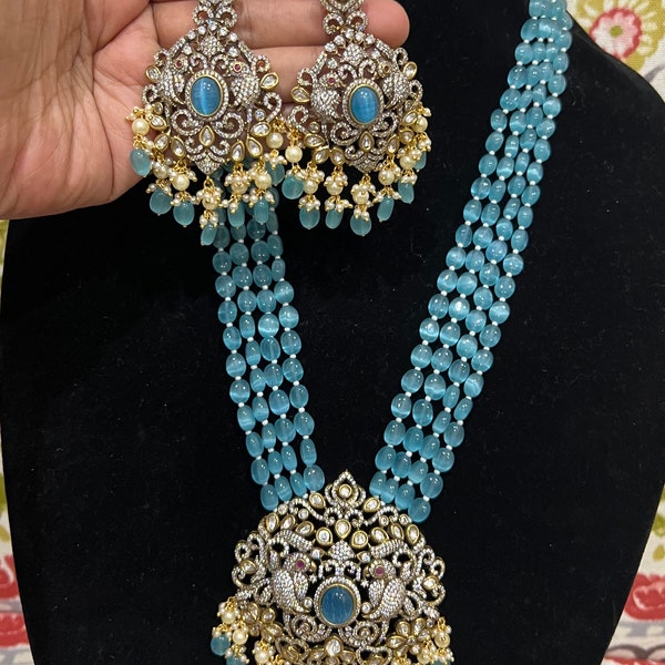 Premium high quality grand looking Victorian  long mala with and with Blue Color beads/ Chandra Haram