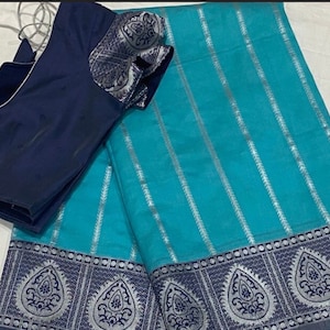 Silver zari blue silk saree with blouse