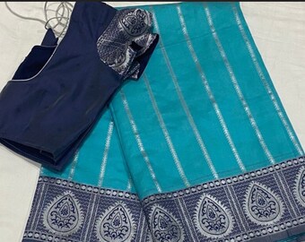 Silver zari blue silk saree with blouse