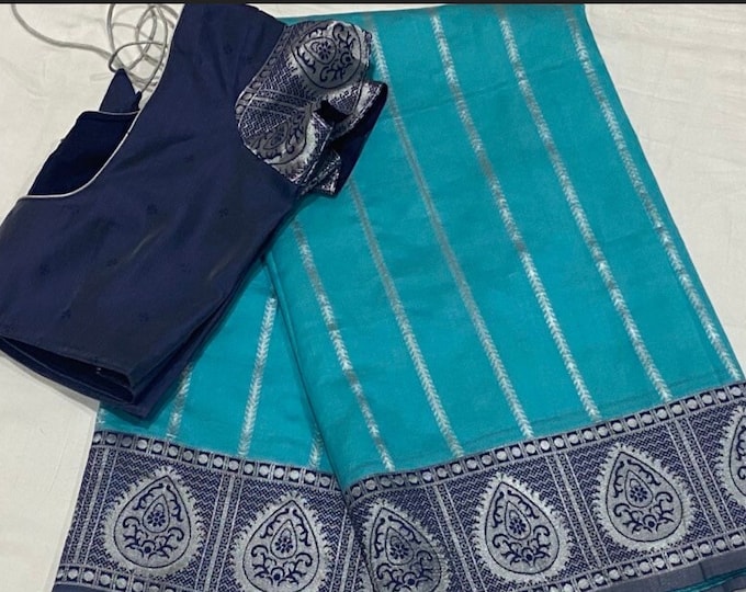 Silver zari blue silk saree with blouse