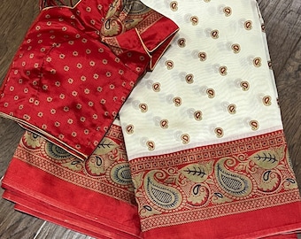 Semi Silk Saree with Contrast Pallu + Ready‑to‑Wear Silk Padded Front‑Hook Blouse (Fits 34–44)