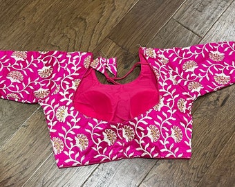 Pink Silk Embroidery Blouse: Floral Design, Size 34-42