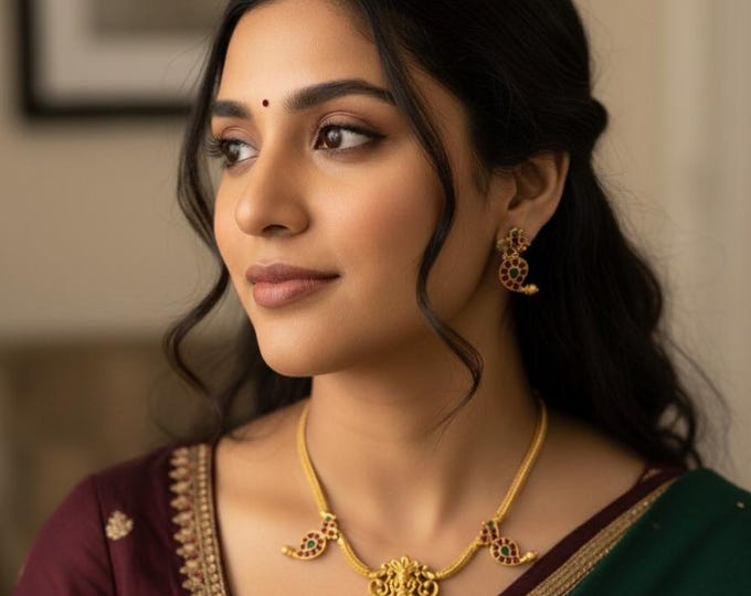 Elegant Gold Replica Necklace Set with Emerald  and ruby Stones with earrings