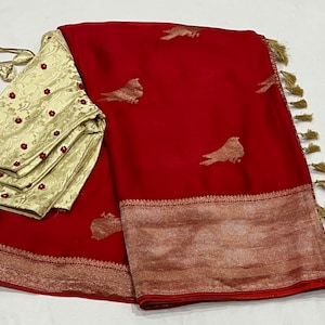 Gorgeous Banaras Satin Musru Pure silk Saree with hand work pure benarus silk  Blouse | Fits Size 34-42