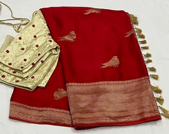 Gorgeous Banaras Satin Musru Pure silk Saree with hand work pure benarus silk  Blouse | Fits Size 34-42