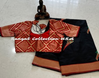 Semi Silk Saree with Parrot Weaving and Contrast Blouse (Fits 34-42)