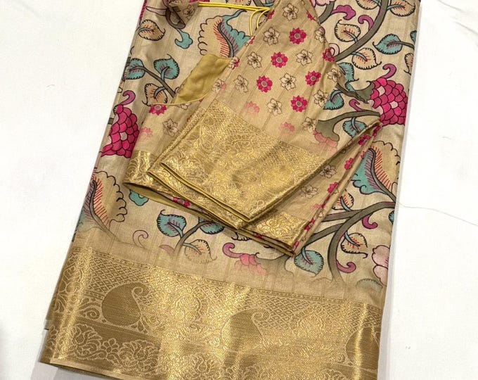 Kalamkari Silk Saree with Stitched Blouse (Sizes 34-42)