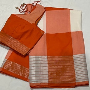 Orange Soft Cotton Silk lightweight saree with sleeveless blouse 38-46 size