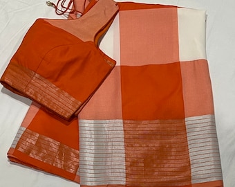 Orange Soft Cotton Silk lightweight saree with sleeveless blouse 38-46 size