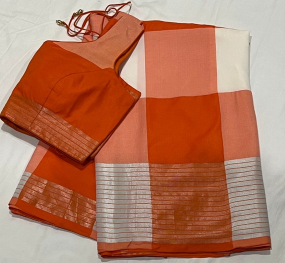 Orange Soft Cotton Silk lightweight saree with sleeveless blouse 38-46 size