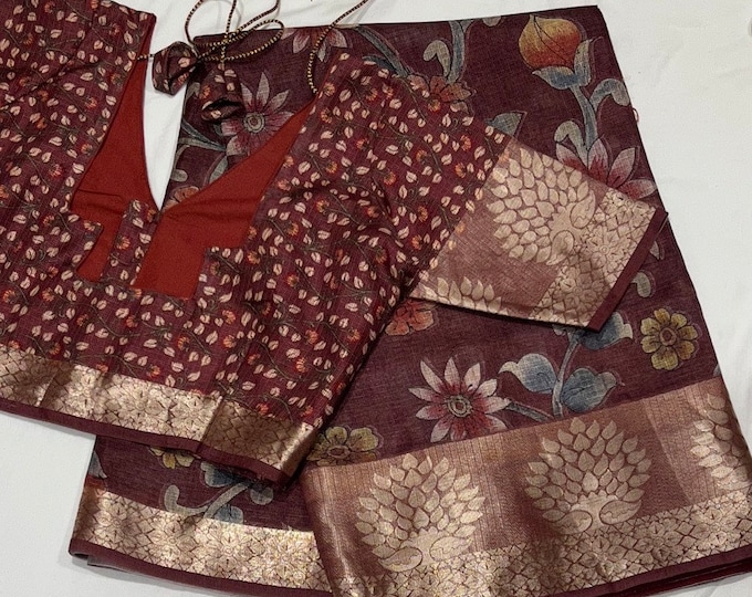 Kalamkari Fancy Silk Saree with Floral Border With Blouse fits 34-42 inches