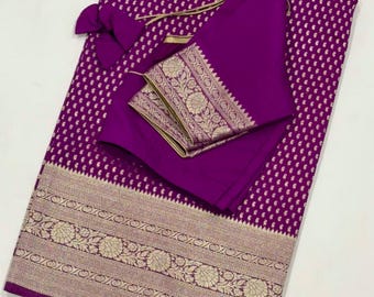 Benarasi Georgette Silk Saree with Intricate Gold Weaving and Ready-to-Wear Silk Blouse (Size 34-42)
