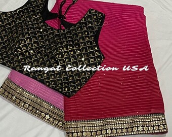 Gold Sequence Embroidery Saree with Georgette Blouse