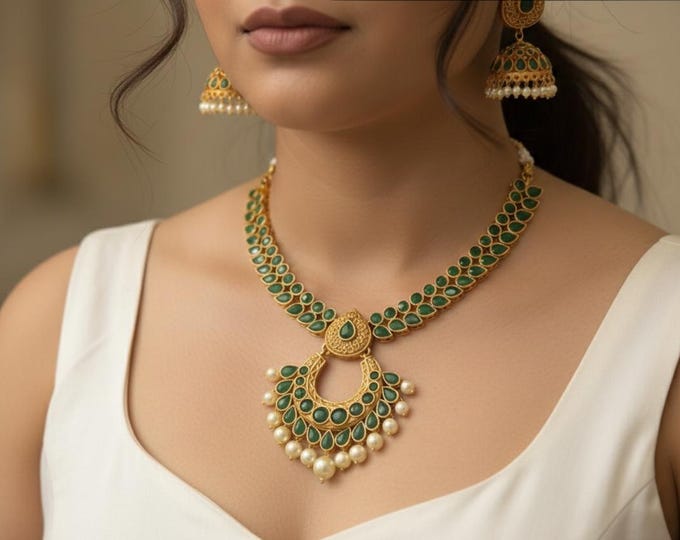 Green Stone Necklace with Jumka Earrings