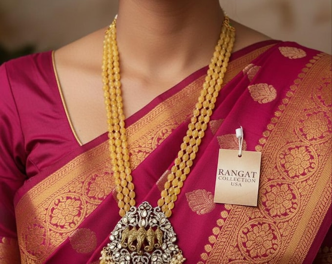 Yellow Bead Mala Necklace & Earrings: Victorian Style Jewelry Set