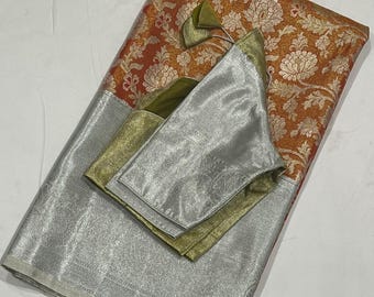 Benarus Tissue Silk Saree: Contrast Border, Included Blouse (Fits 34-42 Inches)