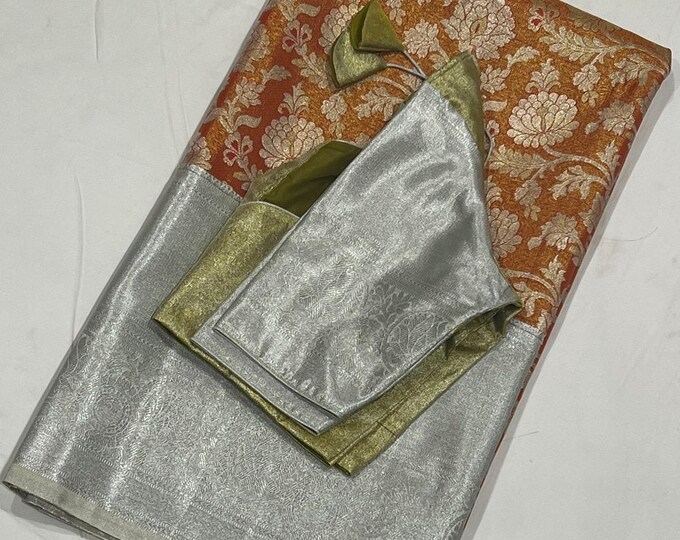 Exquisite Silver Benares Tissue Soft Silk Saree with Blouse