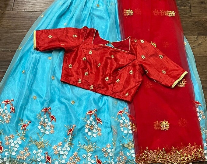 Lehegna Set - Blue Organza embroidery Lehegna with Crop-top