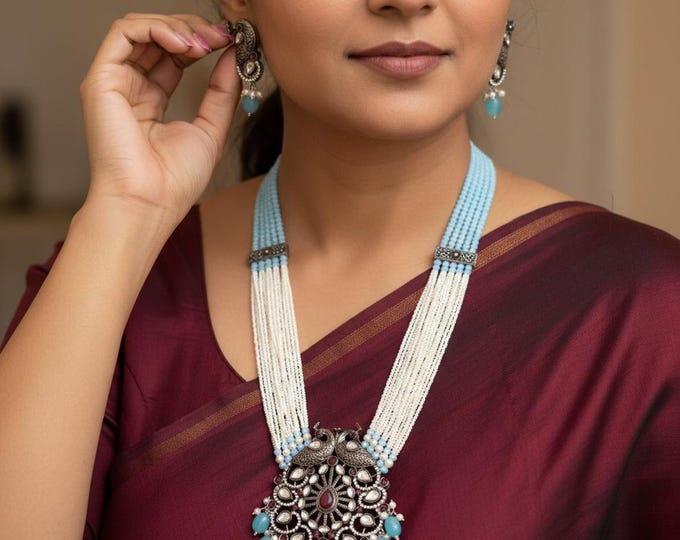 Kundan Long Mala Necklace: White & Blue Beaded Chandra Haram with Earrings