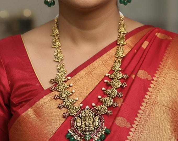 Jadau Lakshmi Mala Necklace with Emerald Earrings