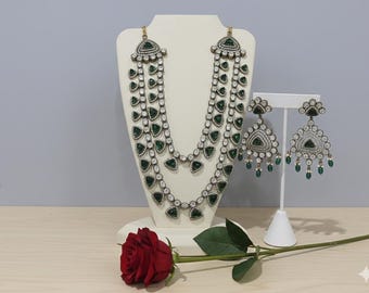 Green Kundan Mala Necklace, Earrings & Tikka Set