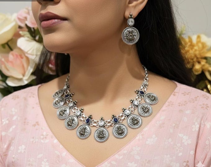 German Silver Lakshmi Necklace with Polki Stone Earrings