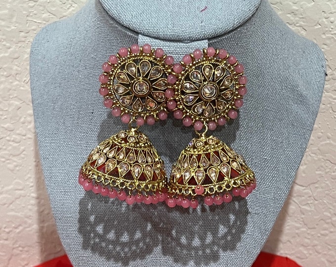 Gorgeous gold color polki stones pink beaded  big jumka ear rings