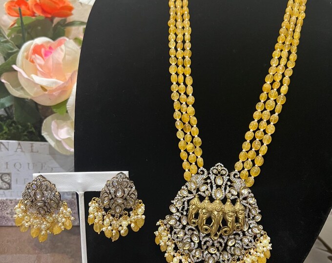 Gorgeous Yellow Beads Long Layered Victorian Mala with Earrings