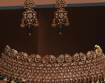 Antique Gold Choker Set: CZ Stone Peacock Necklace & Earrings